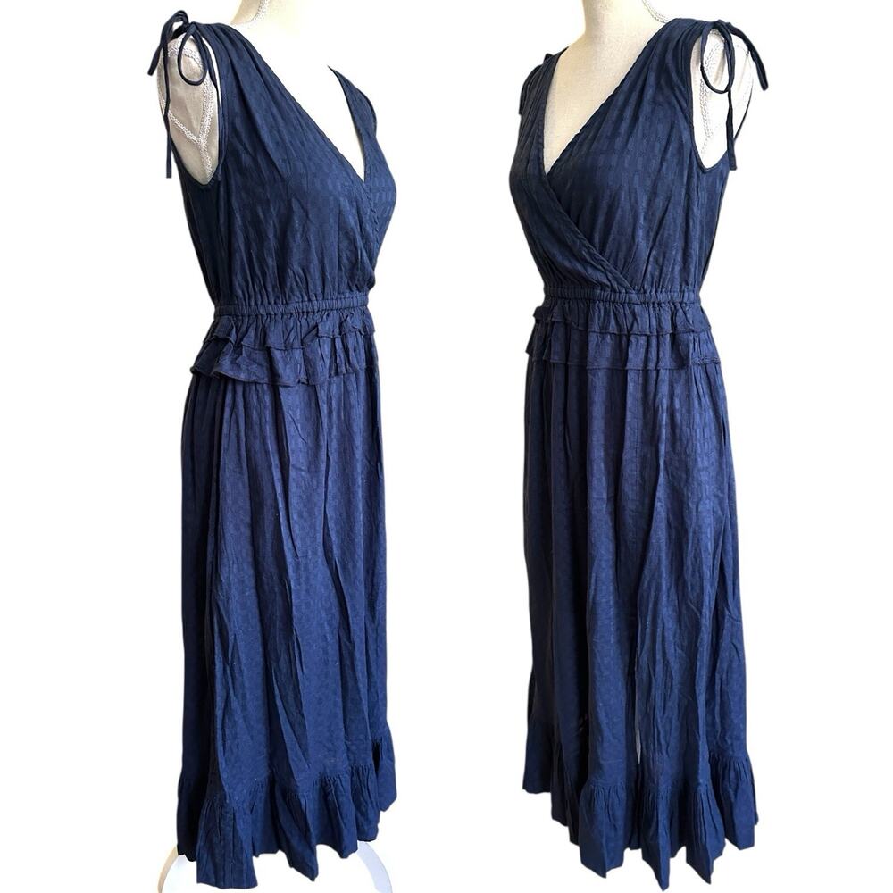 Caslon Navy Blue Textured Ruffle Hem Midi Dress Women's XXS Coastal Summer - Picture 3 of 7